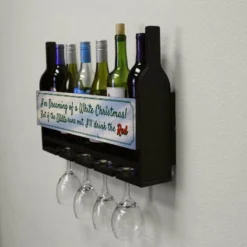 Wall Mounted Wine Bottle & Glass Hanging Shelf W/ White Christmas Plaque -Endurance Sales customizable wall wine glass hanging shelf bottles glasses side xmas