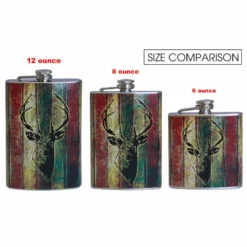 Stainless Steel Hip Flask - Buck Design - Several Size Options -Endurance Sales flasks printed size comparison buck