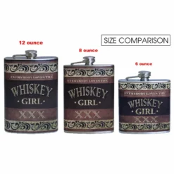Stainless Steel Hip Flask -Whiskey Girl Design - Several Size Options -Endurance Sales flasks printed size comparison whiskey girl