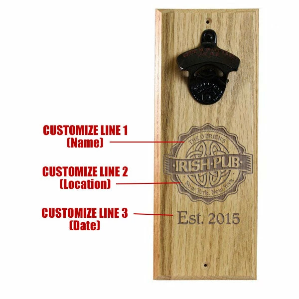 Engraved Irish Pub Wooden Wall Bottle Opener W/ Magnetic Cap Catcher 4 Engraved Irish Pub Wooden Wall Bottle Opener W/ Magnetic Cap Catcher - Image 2