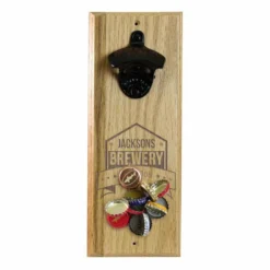 Engraved Brewery Wooden Wall Bottle Opener W/ Magnetic Cap Catcher -Endurance Sales hard wood opener magnet brewery custom caps