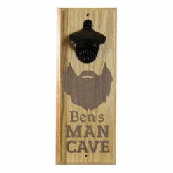 Engraved Man Cave Wooden Wall Bottle Opener W/ Magnetic Cap Catcher -Endurance Sales hard wood opener magnet man cave beard