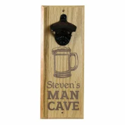 Engraved Man Cave Wooden Wall Bottle Opener W/ Magnetic Cap Catcher -Endurance Sales hard wood opener magnet man cave beer