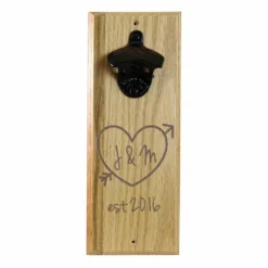 Engraved Tree Heart Wooden Wall Bottle Opener W/ Magnetic Cap Catcher