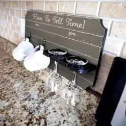 "How To Tell Time" Coffee Mug And Wine Glass Holder - Painted Background (Multiple Color Options) -Endurance Sales how to tell time coffee tea wine cup holder sign rack painted gray peeling