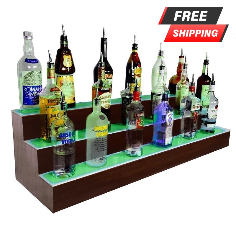 BarConic® LED Liquor Bottle Display Shelf - 3 Steps - Mahogany - Several Lengths 3 BarConic® LED Liquor Bottle Display Shelf - 3 Steps - Mahogany - Several Lengths