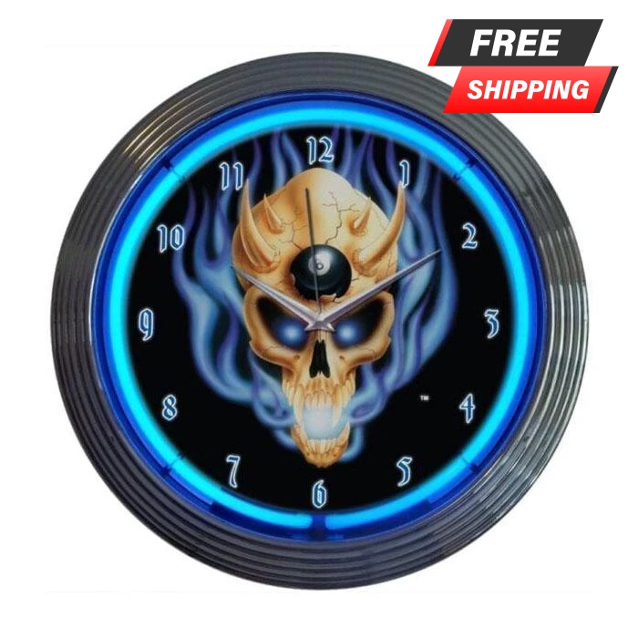 Neon Clock - Eight Ball Skull - 15" Diameter 3 Neon Clock - Eight Ball Skull - 15" Diameter