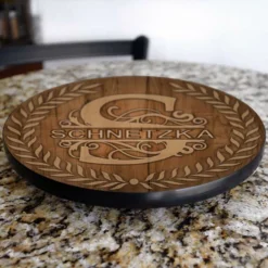 ADD YOUR NAME Lazy Susan - DARK WOOD With Leaves - 3 Different Sizes - Table Top