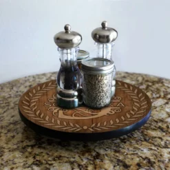 ADD YOUR NAME Lazy Susan - DARK WOOD With Leaves - 3 Different Sizes - Table Top -Endurance Sales lazy susan monogram wood leaves main pic