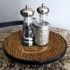 ADD YOUR NAME Lazy Susan - DARK WOOD With Leaves - 3 Different Sizes - Table Top -Endurance Sales lazy susan monogram wood leaves main pic bs