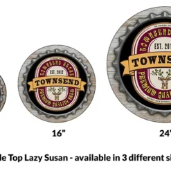 Wood Lazy Susan - Add Your Name - Bottle Cap - Size Variations -Endurance Sales lazy susan wood table custom bottle cap size comparison 9f07b950 a0f5 4006 8308 906f865a4eb4