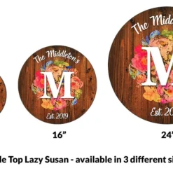 ADD YOUR NAME Lazy Susan - FLORAL WATERCOLOR - 3 Different Sizes - Table Top -Endurance Sales lazy susan wood table custom watercolor monogram size comparison