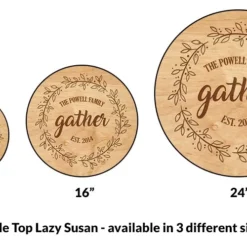 ADD YOUR NAME Lazy Susan - GATHER - 3 Different Sizes - Table Top -Endurance Sales lazy susan wood table top custom gather size comparison