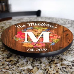 ADD YOUR NAME Lazy Susan - FLORAL WATERCOLOR - 3 Different Sizes - Table Top -Endurance Sales lazy susan wood table watercolor monogram table kitchen view