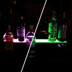 BarConic® LED Liquor Bottle Display Shelf - 1 Tier (Step) - Black - Multi-Colored Lights - Several Lengths -Endurance Sales led commercial liquor shelf 1 tier 24in magenta green