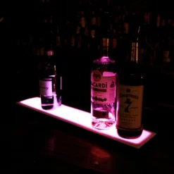 BarConic® LED Liquor Bottle Display Shelf - Low Profile - 1 Tier (Step) - Black - Multi-Colored Lights - Several Lengths -Endurance Sales led commercial liquor shelf 1 tier low profile 24in magenta