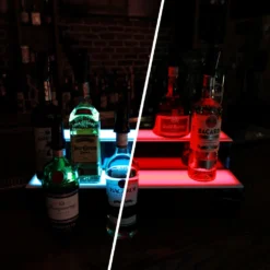 BarConic® LED Liquor Bottle Display Shelf - 2 Tier (Step) - Black - Multi-Colored Lights - Several Lengths -Endurance Sales led commercial liquor shelf 2 tier 24in cyan red