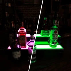 BarConic® LED Liquor Bottle Display Shelf - 2 Tier (Step) - Black - Multi-Colored Lights - Several Lengths -Endurance Sales led commercial liquor shelf 2 tier 24in magenta green