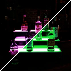 BarConic® LED Liquor Bottle Display Shelf - 3 Tier (Step) - Black - Multi-Colored Lights - Several Lengths 14 BarConic® LED Liquor Bottle Display Shelf - 3 Tier (Step) - Black - Multi-Colored Lights - Several Lengths -Endurance Sales led commercial liquor shelf 3 tier 24in magenta green