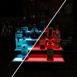 BarConic® LED Liquor Bottle Display Shelf - 4 Tier (Step) - Black - Multi-Colored Lights - Several Lengths -Endurance Sales led commercial liquor shelf 4 tier 24in cyan red