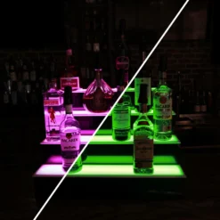BarConic® LED Liquor Bottle Display Shelf - 4 Tier (Step) - Black - Multi-Colored Lights - Several Lengths -Endurance Sales led commercial liquor shelf 4 tier 24in magenta green