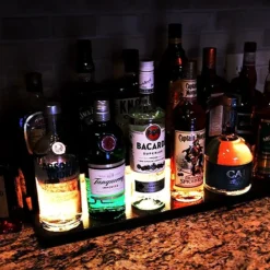 LED Counter Caddies™ - Walnut-Stained Straight Shelf - Liquor/Wine Bottle Display - 24" Length -Endurance Sales led counter caddy yellow light black 1