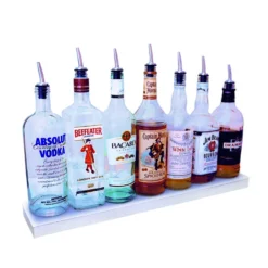 BarConic® LED Liquor Bottle Display Shelf - Low Profile - 1 Step - Polished Mirrored Metal - Several Lengths -Endurance Sales led shelves polished mirror metal low 1