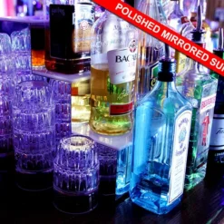 BarConic® LED Liquor Bottle Display Shelf - Low Profile - 1 Step - Polished Mirrored Metal - Several Lengths -Endurance Sales led shelves polished mirror metal low bar bs 1