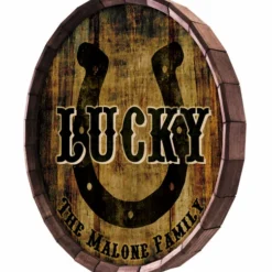 Custom Wood Barrel Top Sign – Lucky Horseshoe -Endurance Sales lucky family name barrel top web side