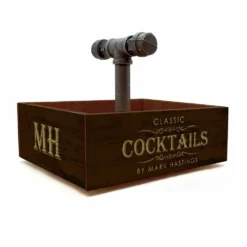CUSTOM Box Caddy With Industrial Pipe Handle - Classic Cocktails Design -Endurance Sales pipe handled wood caddy CLASSIC WEB1