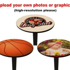 Table Top Set With Base And 2 Bar Stools - 30" Round Wooden Table, 40.5" Bar Height Cast Iron Base - CUSTOMIZABLE 12 Table Top Set With Base And 2 Bar Stools - 30" Round Wooden Table, 40.5" Bar Height Cast Iron Base - CUSTOMIZABLE -Endurance Sales round wooden table with bar stools and cast iron base with examples of graphics and photos to upload for table tops