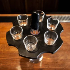6-Shooter Wood Shot Glass Caddy Tray And Bottle Topper - Black Or Stained -Endurance Sales shot glass 6 shooter cylinder flight board caddy black