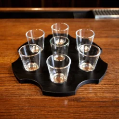6-Shooter Wood Shot Glass Caddy Tray And Bottle Topper - Black Or Stained -Endurance Sales shot glass 7 hole barrel holder serving tray wood black