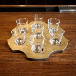 6-Shooter Wood Shot Glass Caddy Tray And Bottle Topper - Black Or Stained -Endurance Sales shot glass 7 hole barrel holder serving tray wood dark walnut