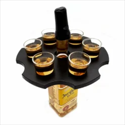 6-Shooter Wood Shot Glass Caddy Tray And Bottle Topper - Black Or Stained