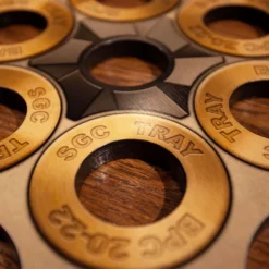 6-Shooter Wood Shot Glass Caddy Tray And Bottle Topper - "Revolver Cylinder" -Endurance Sales shot glass caddy revolver cylinder wood drink tray detail close
