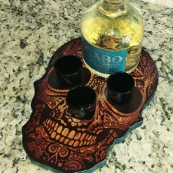 Shot Glass And Bottle Caddy - Rustic Wood Skull -Endurance Sales skull shot tray rustic