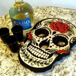 Shot Glass And Bottle Caddy - Sugar Skull Rose