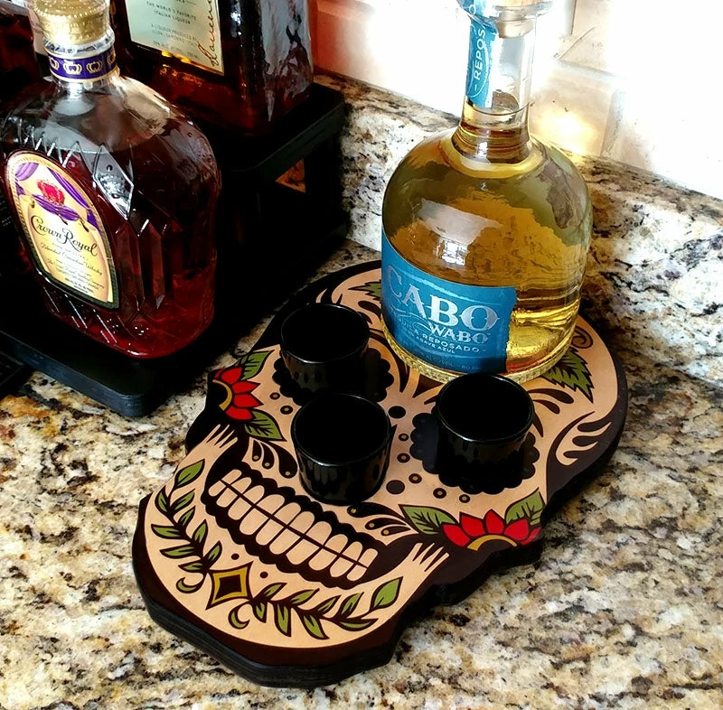 Shot Glass And Bottle Caddy - Sugar Skull Rose 5 Shot Glass And Bottle Caddy - Sugar Skull Rose - Image 3