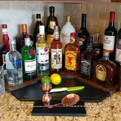 Counter Caddies™ - Walnut-Stained Corner Shelf - Liquor/Wine Bottle Display Style - Available In Black -Endurance Sales stained corner liq web1