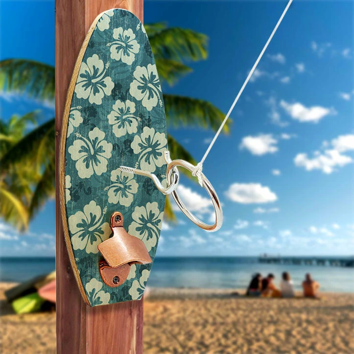 Wall Mounted Ring Toss Game With Bottle Opener - Surfboard - Blue Hibiscus 4 Wall Mounted Ring Toss Game With Bottle Opener - Surfboard - Blue Hibiscus - Image 2