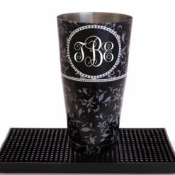 ADD YOUR NAME - Cocktail Shaker Tin - 28 Oz Weighted - Gray Swirls Monogram -Endurance Sales swirl monogram cocktail shaker custom black up