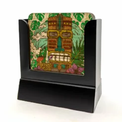 Wooden Coasters - Tiki Men - Set Of 4 W/ Coaster Caddy -Endurance Sales tiki men wood coaster set 6