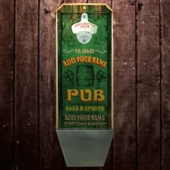 CUSTOMIZABLE Wall Mounted Wood Plaque Bottle Opener & Cap Catcher - Vintage Irish Pub -Endurance Sales wall mount cap catcher irish1