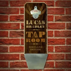 CUSTOMIZABLE Wall Mounted Wood Plaque Bottle Opener & Cap Catcher - Tap Room -Endurance Sales wall mount cap catcher tap room web brn 1