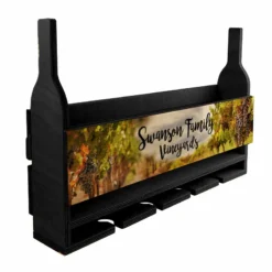 CUSTOMIZABLE Wall Mounted Wine Bottle & Glass Hanging Shelf W/ Vineyard Plaque -Endurance Sales wine rack black sample