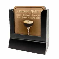 Wooden Coasters - Cocktails Design - Set Of 4 W/ Coaster Caddy -Endurance Sales wood coaster espresso martini