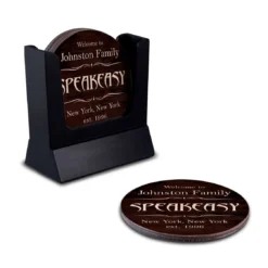 Wooden Round Coasters - Customizable - Speakeasy Theme - Set Of 4 -Endurance Sales wood coasters custom main shot speakeasy customize with caddy