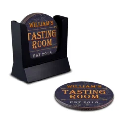 Wooden Round Coasters - Customizable - Tasting Room - Set Of 4 -Endurance Sales wood coasters custom main shot tasting room customize with caddy