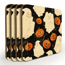 Wooden Coasters - Halloween Ghost Design - Set Of 4 W/ Coaster Caddy